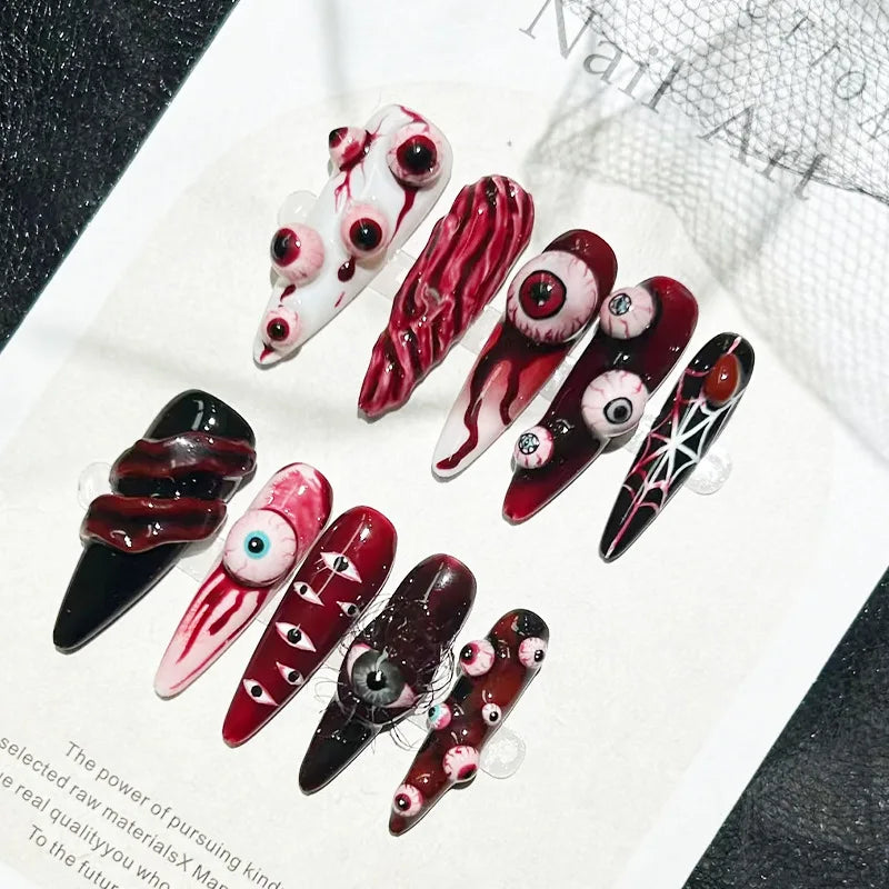 30pcs Halloween Press On Nails Gothic Skeleton Skull Spider Web Black Cat Haunted House Fake Nail Almond False Nail for Women
