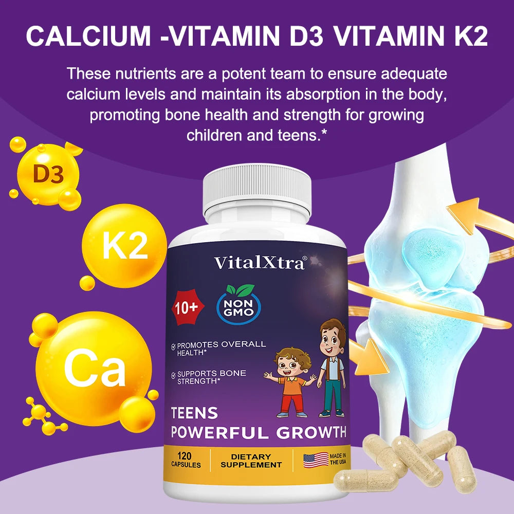 TEENS POWERFUL GROWTH Supplements Capsules, Containing Vitamin D3 + K2, Calcium, To Strengthen Bones and Enhance Immunity