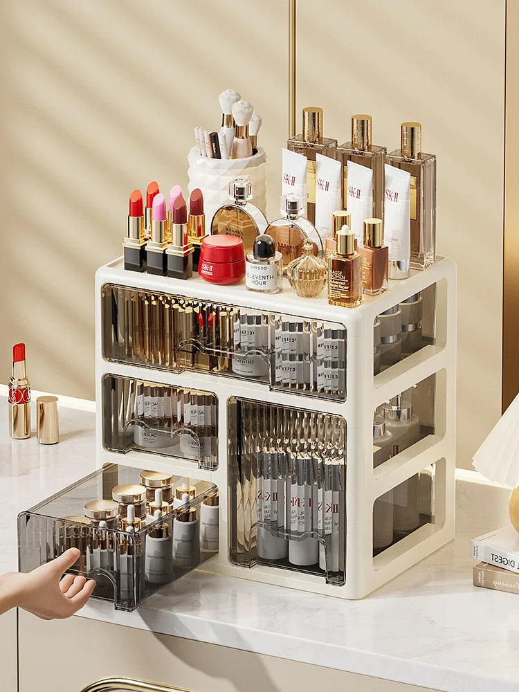 Cream Color Cosmetics Box,Multi-compartment Lipstick/Mask Organizer,Drawer Dresser for Skincare/Makeup Brushes,1–4 tiers