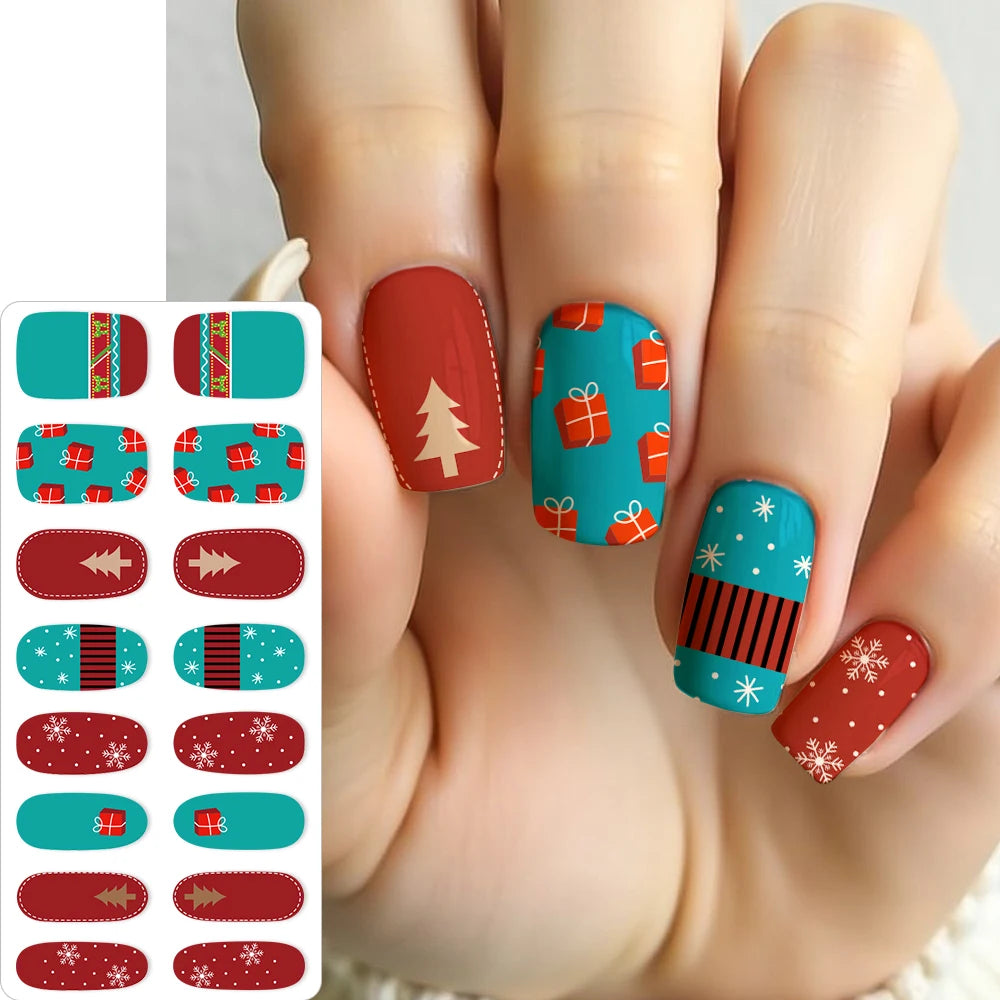 16Tips 3D Full Cover Christmas Series Nail Stickers Adhesive No Light Need Nail Art Wraps Strips Festival Manicure Polish Tips *