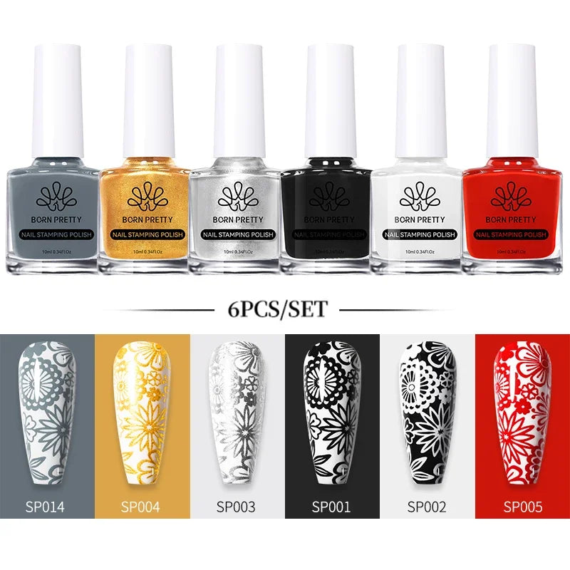 BORN PRETTY 10ml Stamping Nail Polish Set Gold Silver Black White Color Nail Printing Polish DIY for Nail Plate Design Varnish