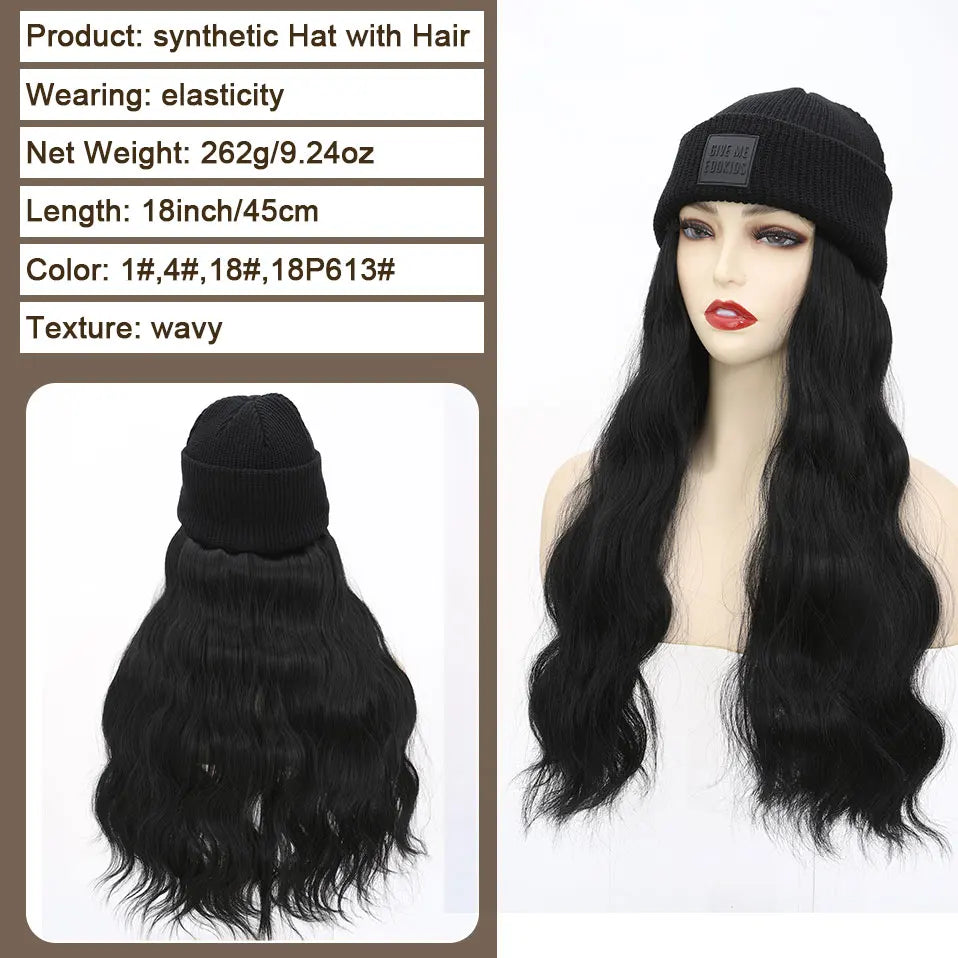 Hat Wig Knitted Beanie Wig Hat Hair Extension 11''18'' Long Wavy Curly Black Hat Wig Synthetic Hairpiece for Women Girls Winter