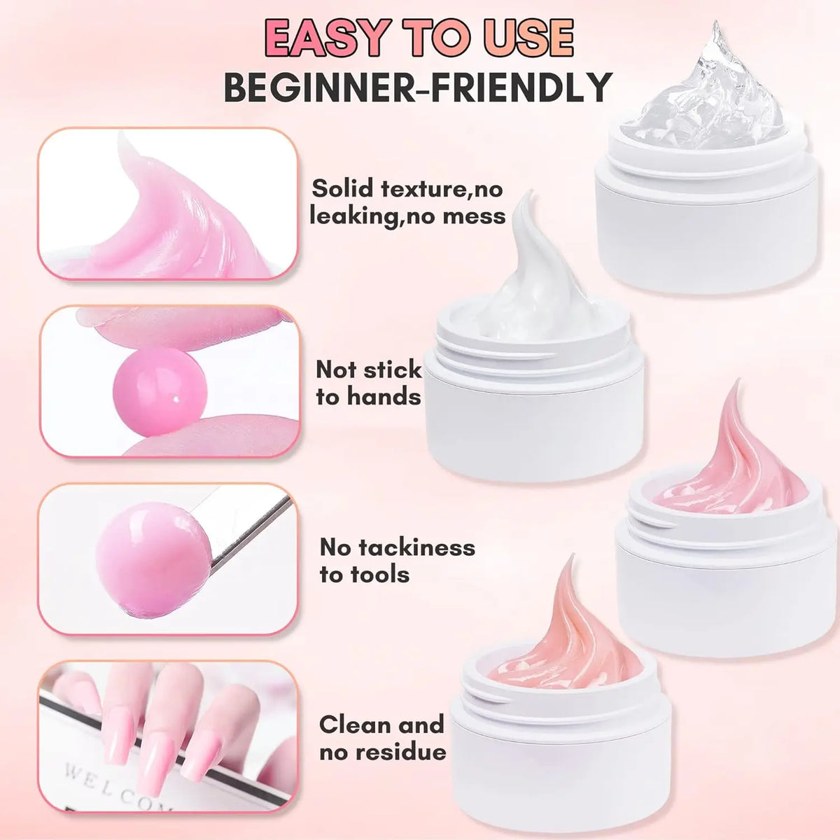 Makartt Solid Gel Builder: 4-in-1 Clear White Non-sticky for Extension 3D Sculpting Nail, UV Glue for Acrylic Tips, Rhinestones
