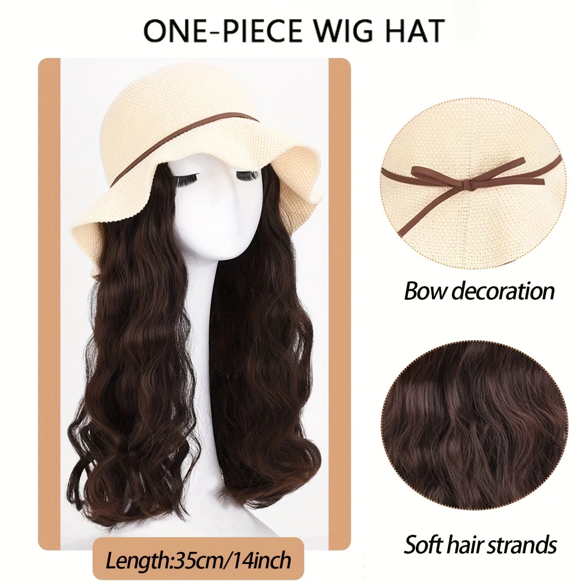 Synthetic Long Curly Wave Hair Women's Summer Sun Hat Wig - Breathable Bow Ribbon Fisherman Hat Wig hat wig in one