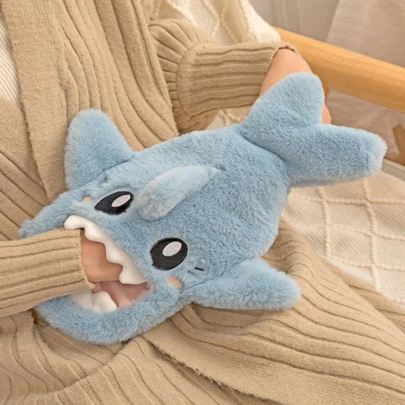 Portable Cute Plush Shark Hot Water Bottle Bag Stress Pain Relief Detachable Winter Warm Heat Reusable Hand Warmer