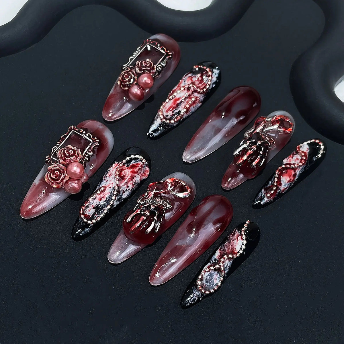 Mysterious Gothic Press On Nails Dark Red Black With Intricate 3D Decor For Events  Dark Red With Rose Skull 3D Decor Easy To