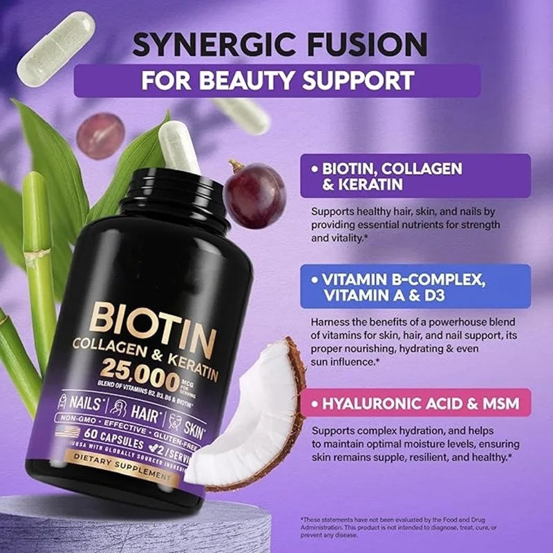 Biotin Capsules Contain Collagen and Vitamin B2, B3, B6 & B7 for Women Men Hair Care Supplements Skin & Nails Support 60 Pieces
