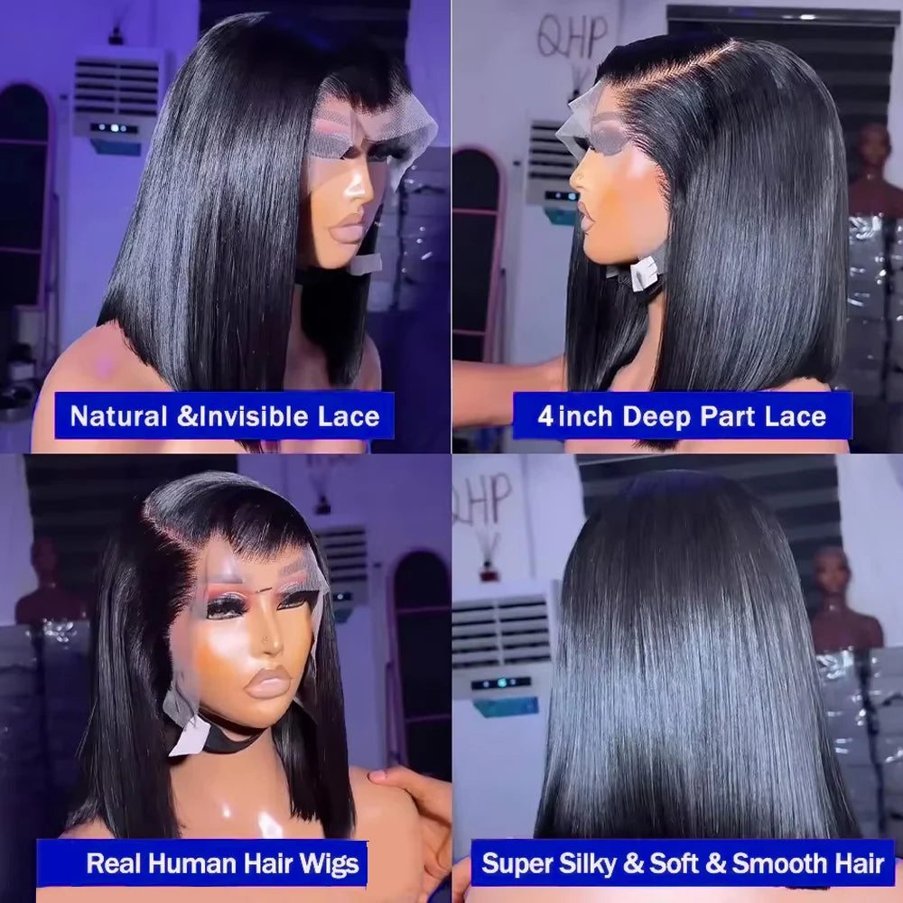 Brazilian HD Transparent 13x4 Bone Straight Short Bob Human Hair Wigs 13x6 Straight Lace Front Wigs For Women 250 Density