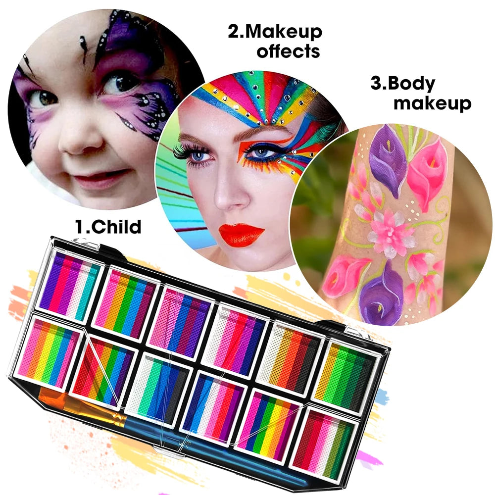 12-Color Rainbow Face and Body Paint Kit, Water-Soluble, Vibrant Palette with Brush for Halloween, Cosplay, Parties,Party Makeup