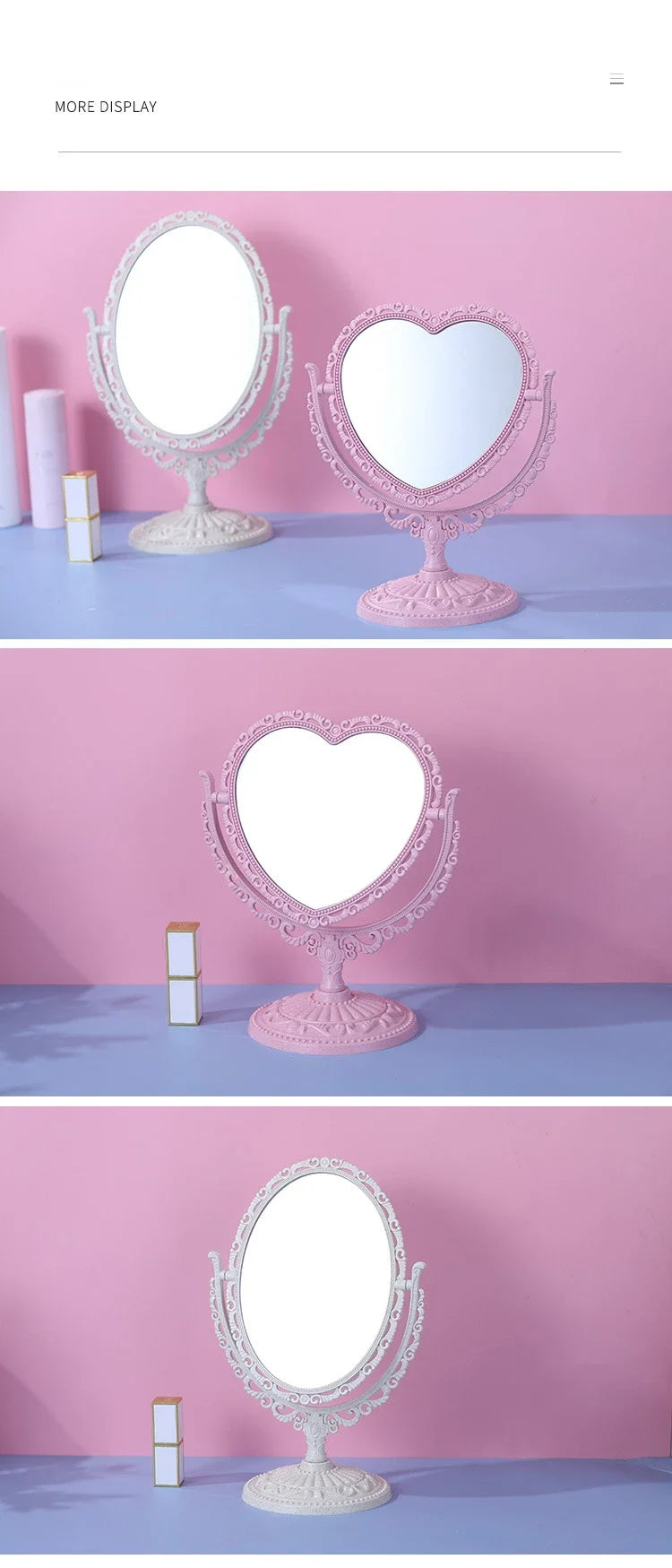 Pink Heart Shape European-Style Retro Make Up Mirror Lovely Girl Oval Princess Cosmetic Creative Retro Girls Student Dormitory