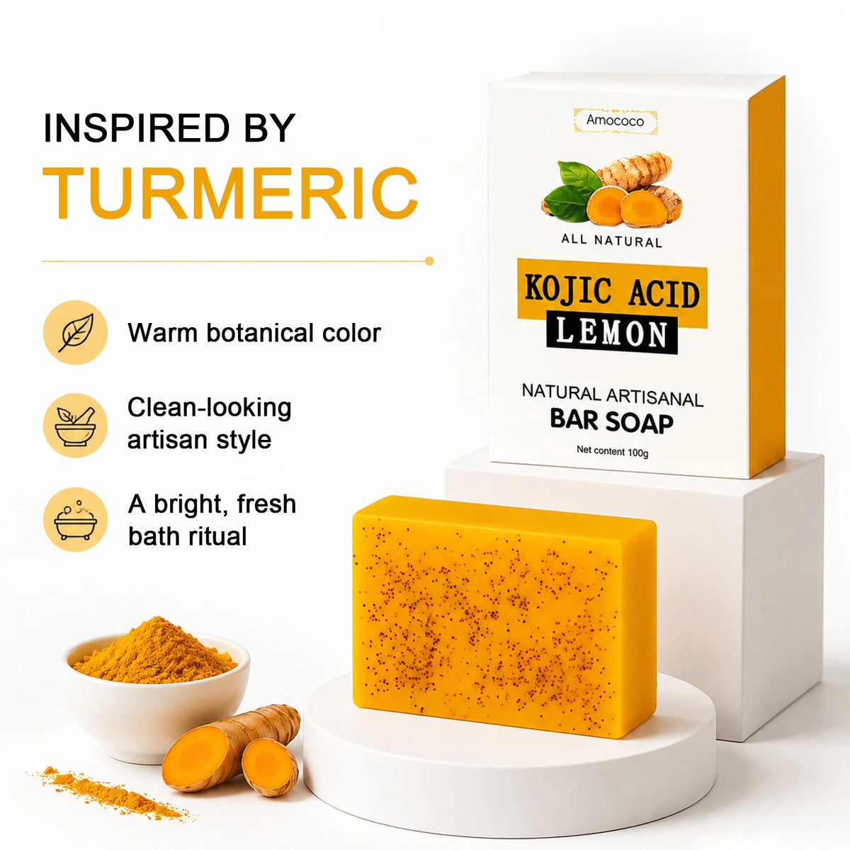 Amococo 3/5/10/30Pcs Turmeric Kojic Acid Brightening Bar Soap Natural Face and Body Cleanser with Vitamin C Retinol Hyaluronic Acid and Shea Butter 100g