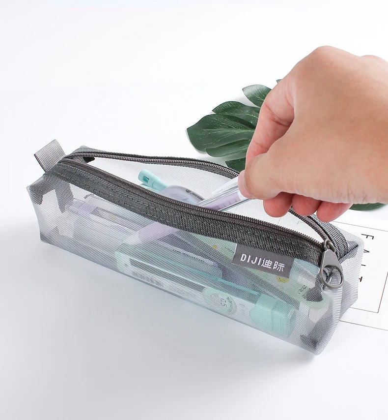 1PC Makeup Bags Case White Gray Black Large Capacity Mash Transparent Cosmetic Brush Bags Students Long Style Nylon Pencil Case