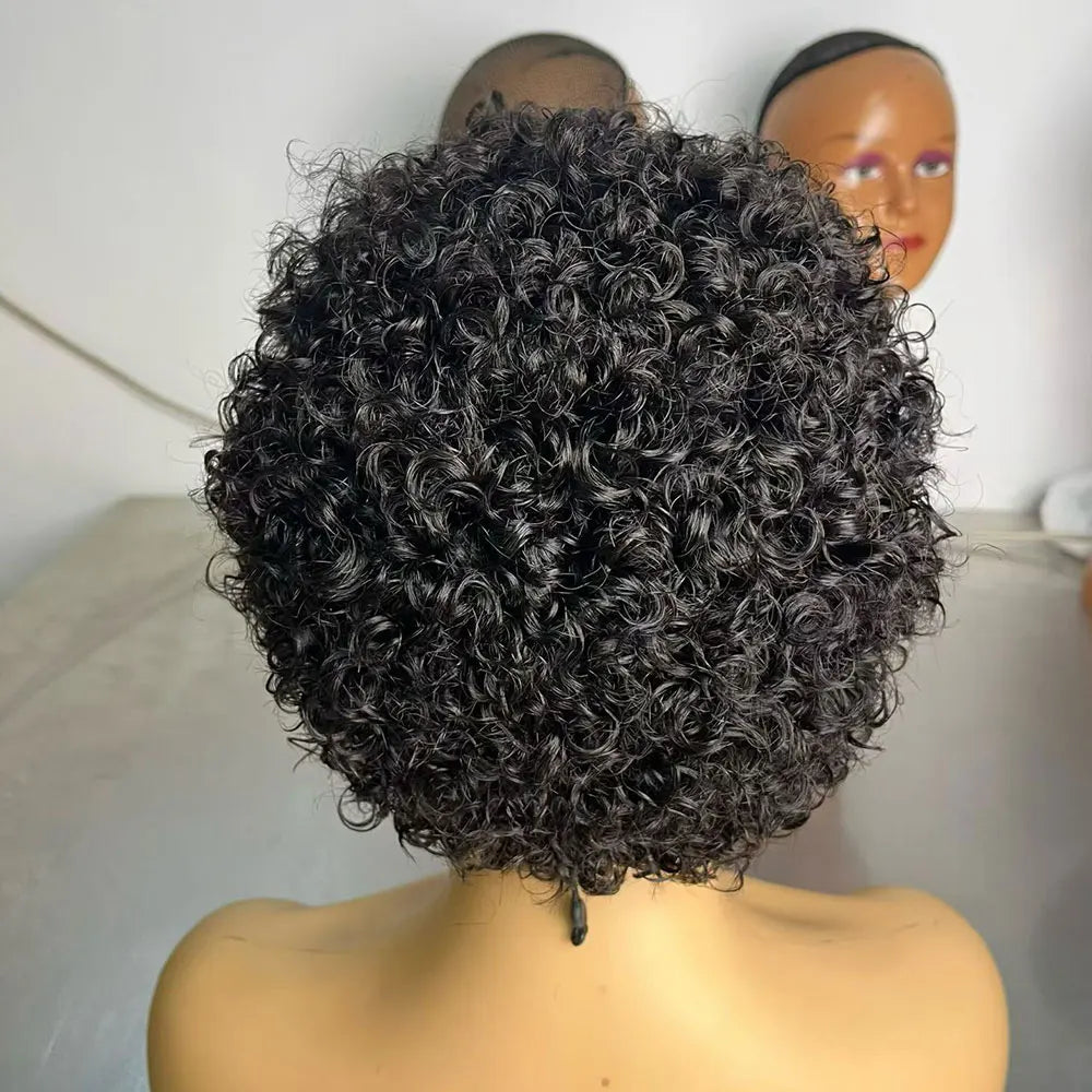 Short Curly Wig 4 Inch 13X4 Lace Front Wig With 4C Baby Hair Hairline Pixie Cut Curly Hair Wigs Human 180% Density With Drawstri