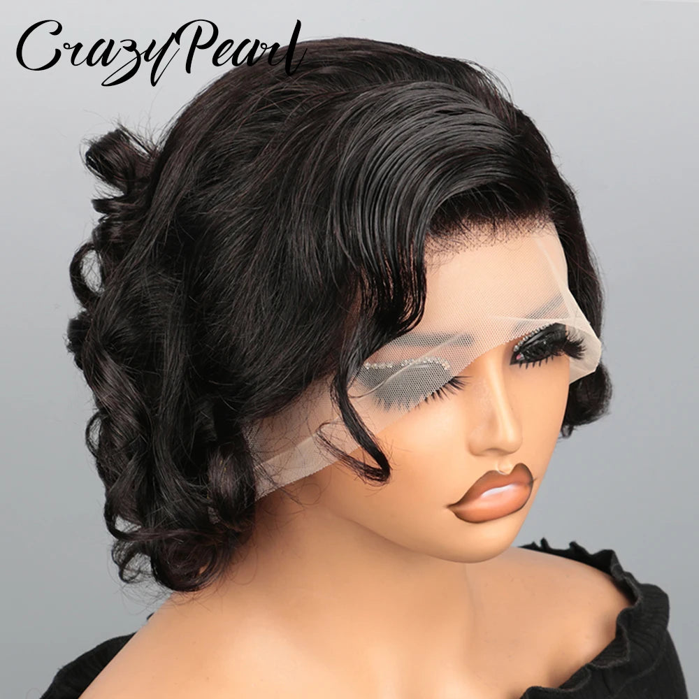CrazyPearl Finger Wave Bob Lace Front Wig Human Hair Rose Short Vintage S-Curve Wavy Black HD Transparent Lace Wigs for Womem