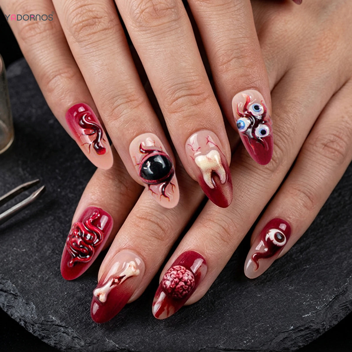 30pcs Bloody Red French Style Fake Nails Spooky 3d Eyeballs Tooth Vascellum Decor Press On Nails Horror Halloween False Nail