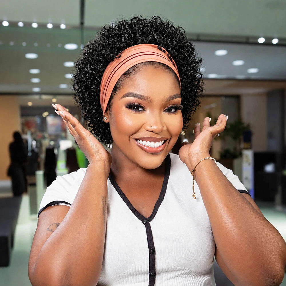 Headband Short Pixie Cut Wigs Human Hair for Women Curly Wigs Water Wave Bazilian Hair Full Machine Made Cap for Daily Wear