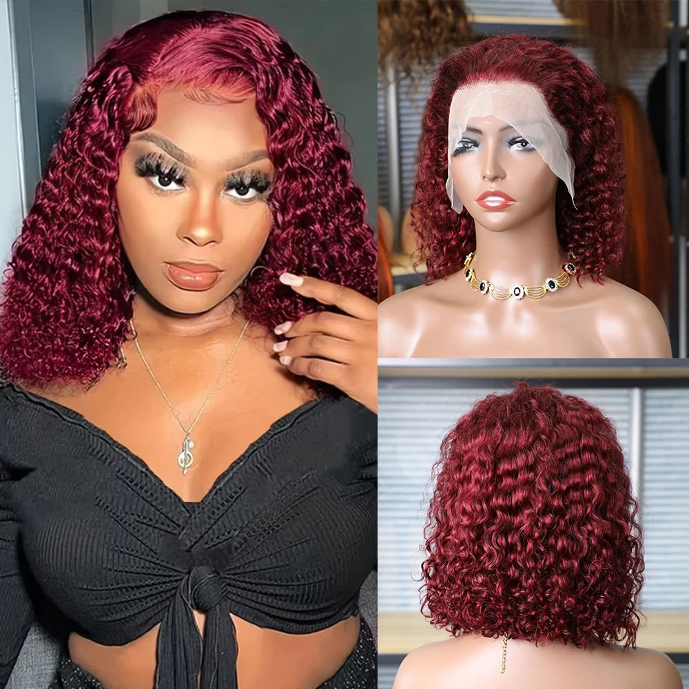 180 Density Burgundy 99J Short Bob Wigs Deep Wave 13x4 HD Lace Front Human Hair Wig Water Deep Curly Glueless Lace Closure Frontal Wig