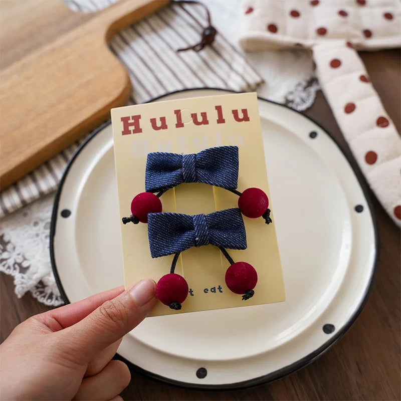 Winter Denim Fabric Cherry Bow Children's Hairpin Cute Girl Hair Band Christmas Decoration Headgear Hairpin New Year Gifts