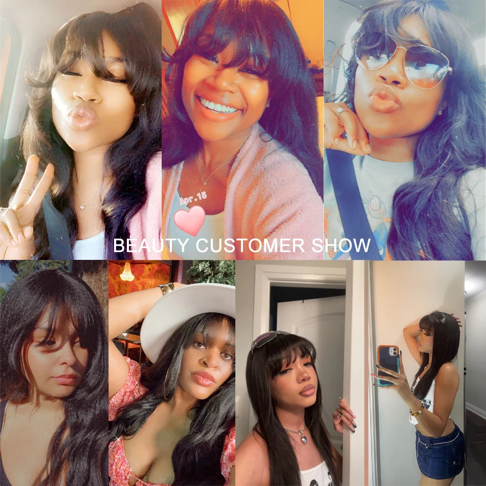 Yaki Human Hair Wig With Bangs Brazilian Machine Made Scalp Top Wig Long Wavy Bang Wig Human Hair For Women 180 Density
