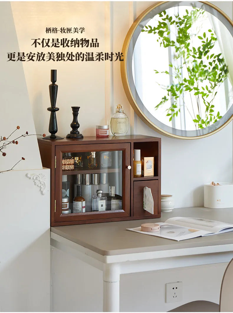 Mid Century Solid Wood Cosmetic Storage Box Drawer Organizer for Perfume Skincare Desktop Vanity Cabinet Rustic Makeup Holder