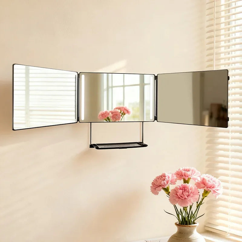 3 Way Mirror for Hair Cutting with LED,360 Trifold with Height Adjustable Telescoping Hooks,for Makeup and Styling (Black)