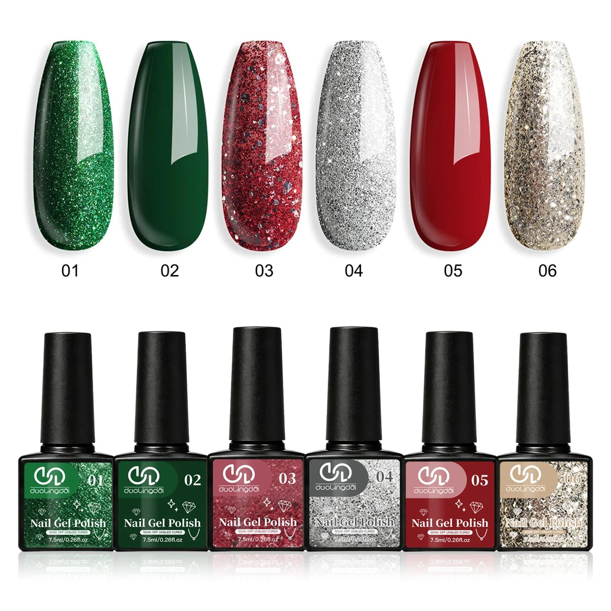 6 Colors Christmas Holiday Gel Nail Polish Set, Dark Green Red Silver Champagne Glitter Gel Polish Kit for Christmas Manicure