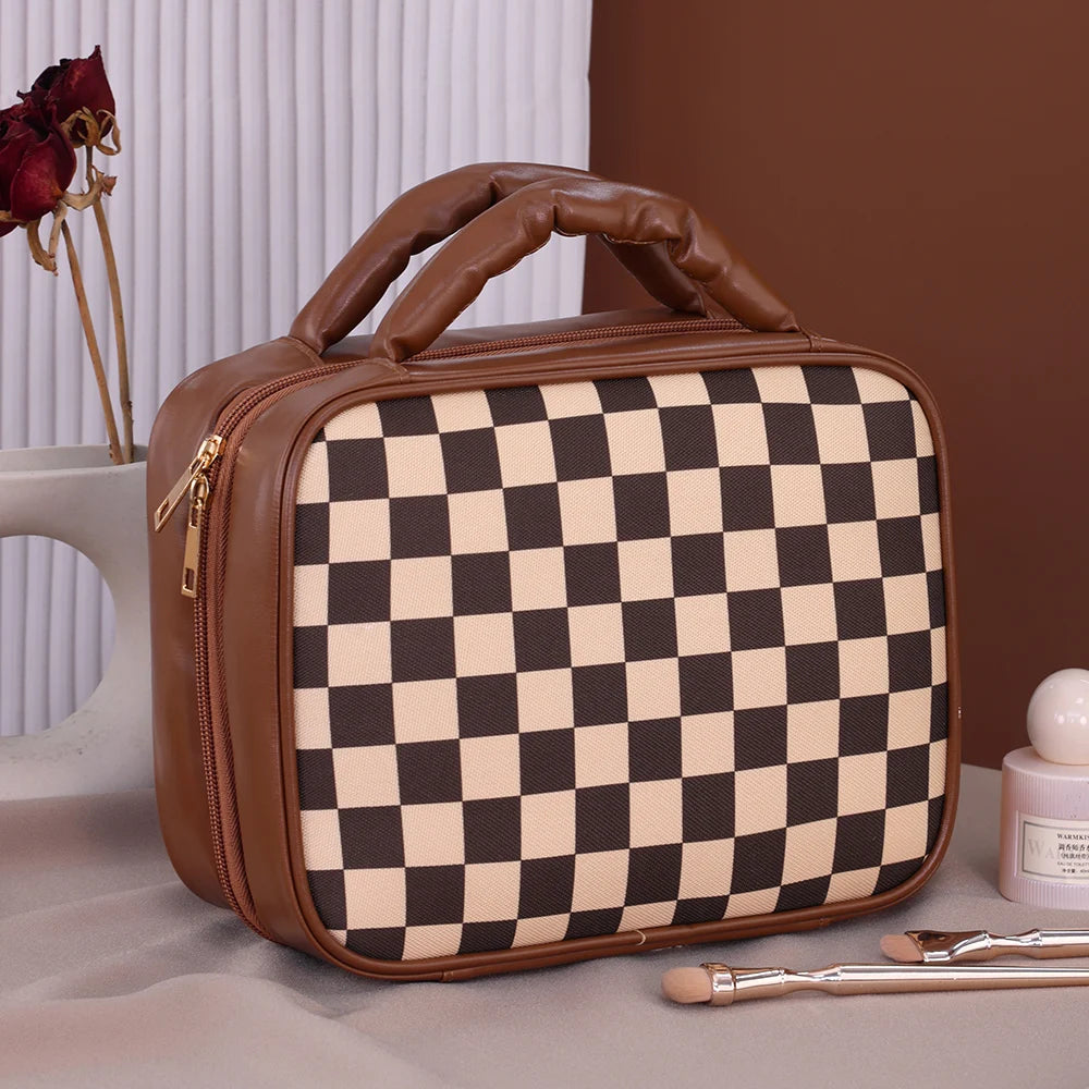 Luxury Checkered Cosmetic Bag For Women Large Capacity Waterproof Makeup Toiletry Bag Brown Melard Travel Wash Storage Bag