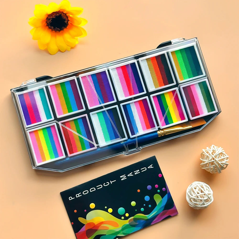 12-Color Rainbow Face and Body Paint Kit, Water-Soluble, Vibrant Palette with Brush for Halloween, Cosplay, Parties,Party Makeup