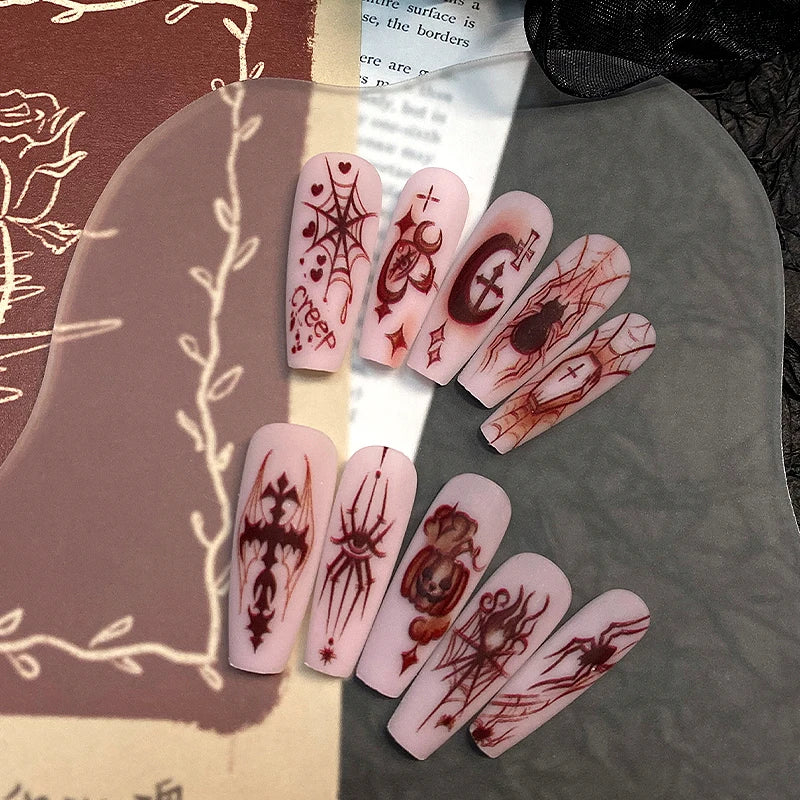 10Pcs Long Coffin Press On Nails Nude Pink Base Red Spider Cross Pumpkin Halloween Gothic Reusable False Nail Tips