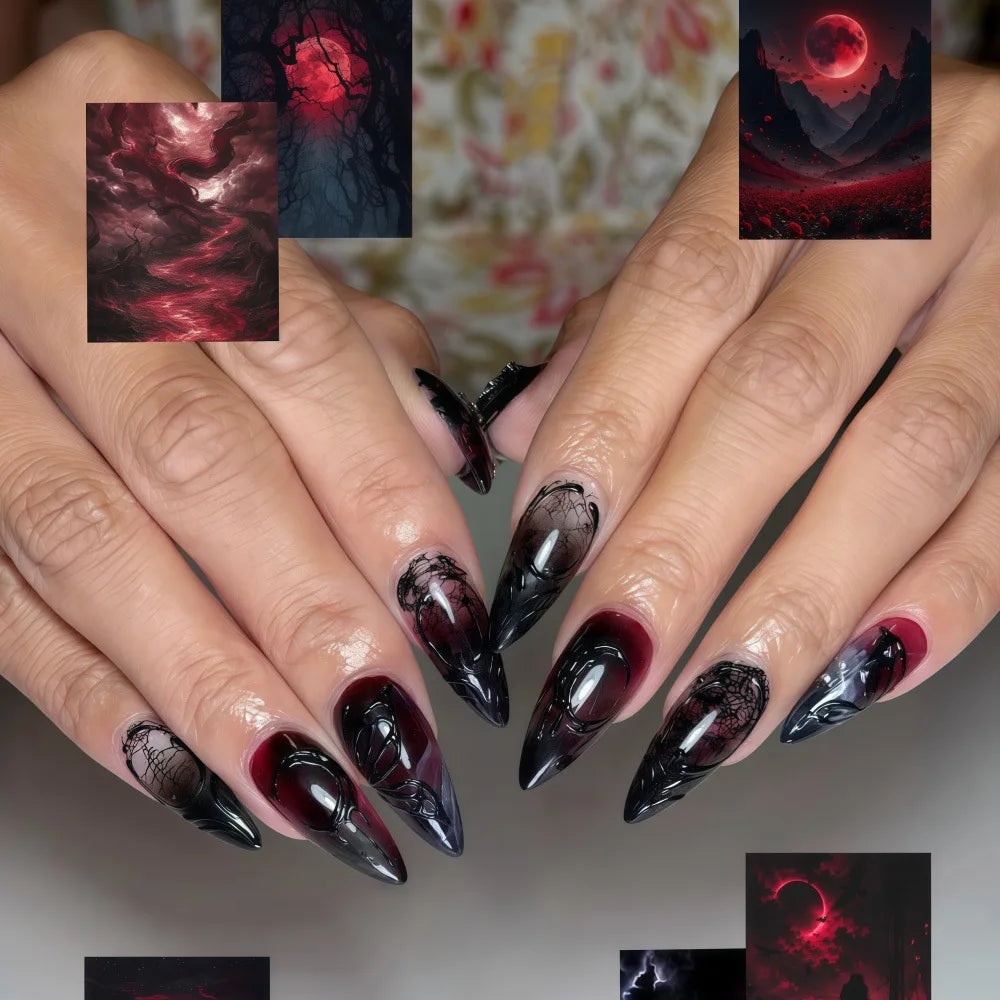 24Pcs Gothic Mid-length Spider Web Fake Nail Press on Detachable Black Butterfly Almond Nail Tips Full Cover False Nails Set