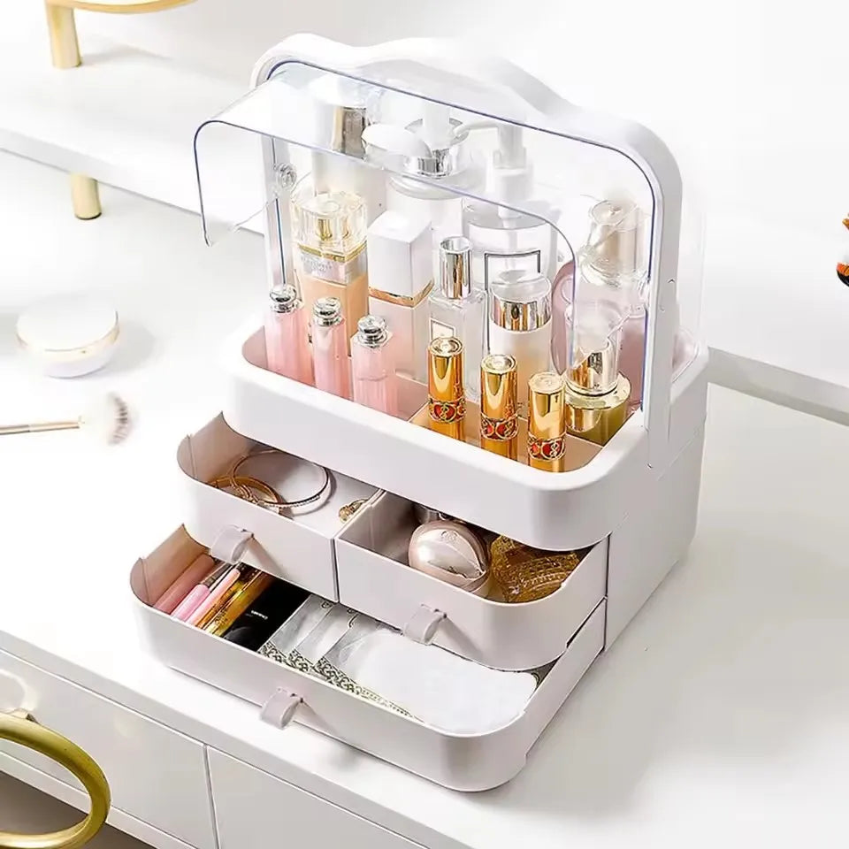 Large Cosmetics Receiving Box Dust-Proof Desktop Makeup Organizer with Drawer for Skin Care Products Household Storage Box Shelf