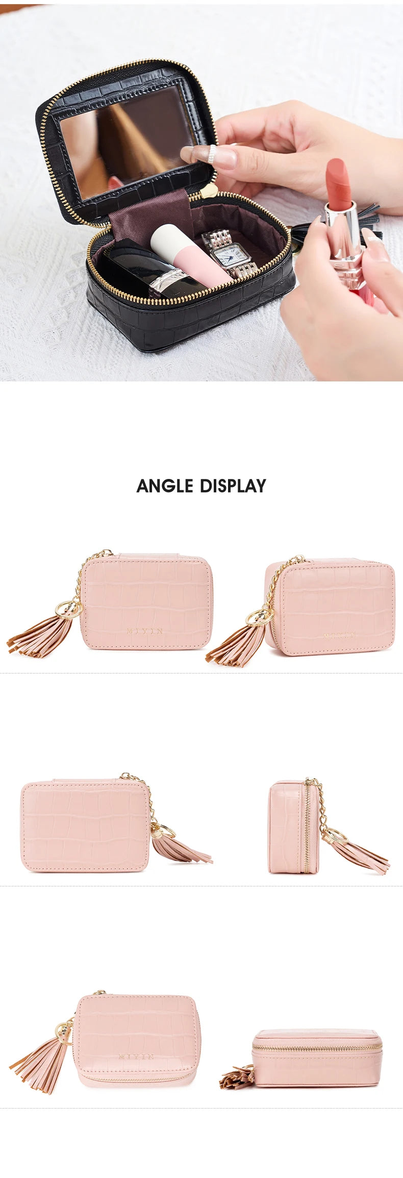 Mini Lipstick Makeup Bag Multifunctional Portable Travel Organizer Crocodile-Patterned PU Leather Womens Toiletry Bag Coin Purse