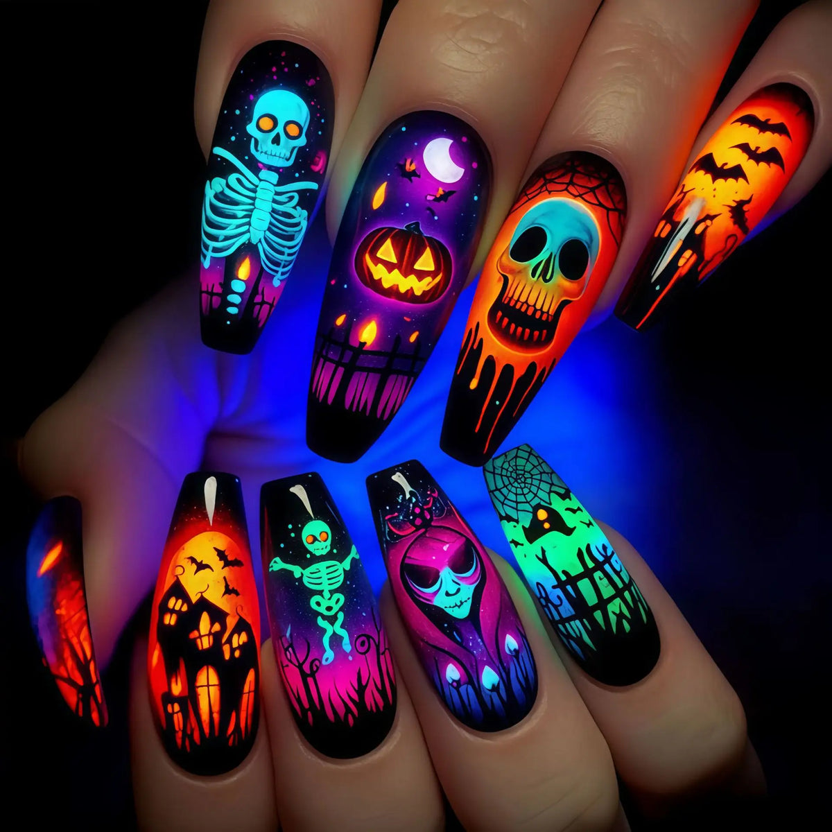 24pcs Long Coffin False Nails Press on Halloween Purple Nails Tip Pumpkin Castle Design Fake Nail Art Wearable Finished Manicure