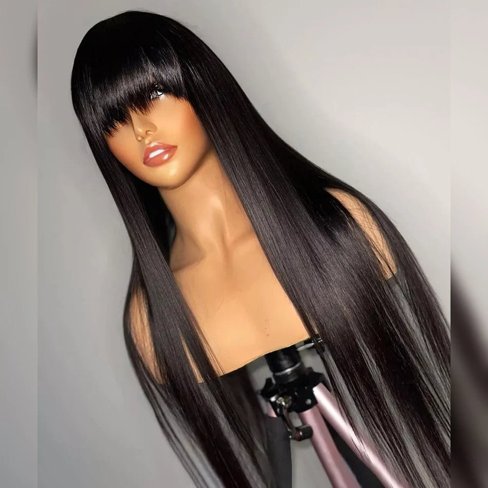 Silky Straight Human Hair Wigs With Bang Full Machine Made Wigs 8-30inch Natural Color AHJF Peruvian Remy Human Hair Wigs 220%
