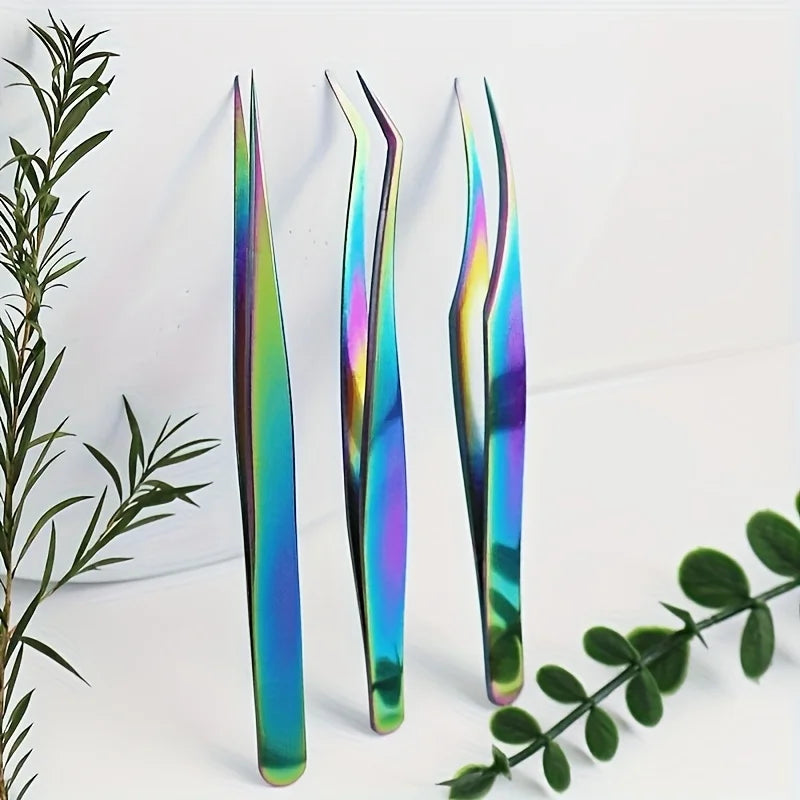 3 Pcs Set Stainless Steel Eyelash Tweezers Set Multi-Functional Makeup Tool Eyelash Tweezer Hair Removal Tweezer Pointed Tweezer