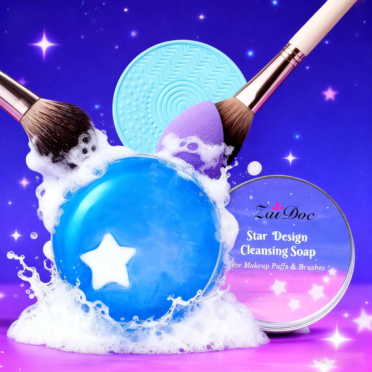 ZaiDoc Makeup Brush Cleaning Soap Blue Starry or Pink Peach Oolong with Cleaning Pad 2-in-1 Solid Brush Cleaner Mat for Beauty Blender Sponge Makeup Gentle Deep Cleaning Tool