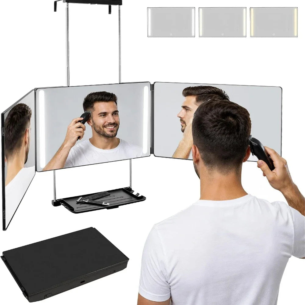 3 Way Mirror for Hair Cutting with LED,360 Trifold with Height Adjustable Telescoping Hooks,for Makeup and Styling (Black)
