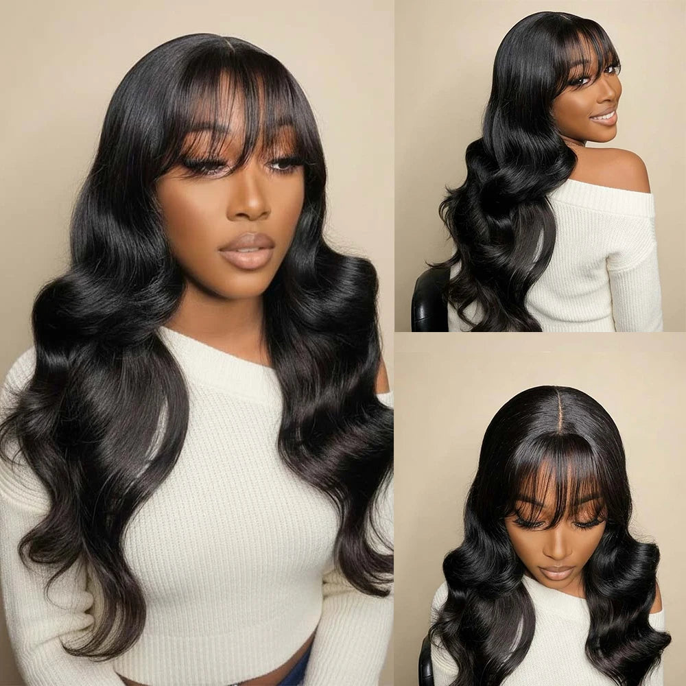 Body Wave Wigs With Bangs Put on go Wigs Human Hair 26inch Glueless Human Hair Wigs Natural Wave Bang Wigs Beginner Friendly