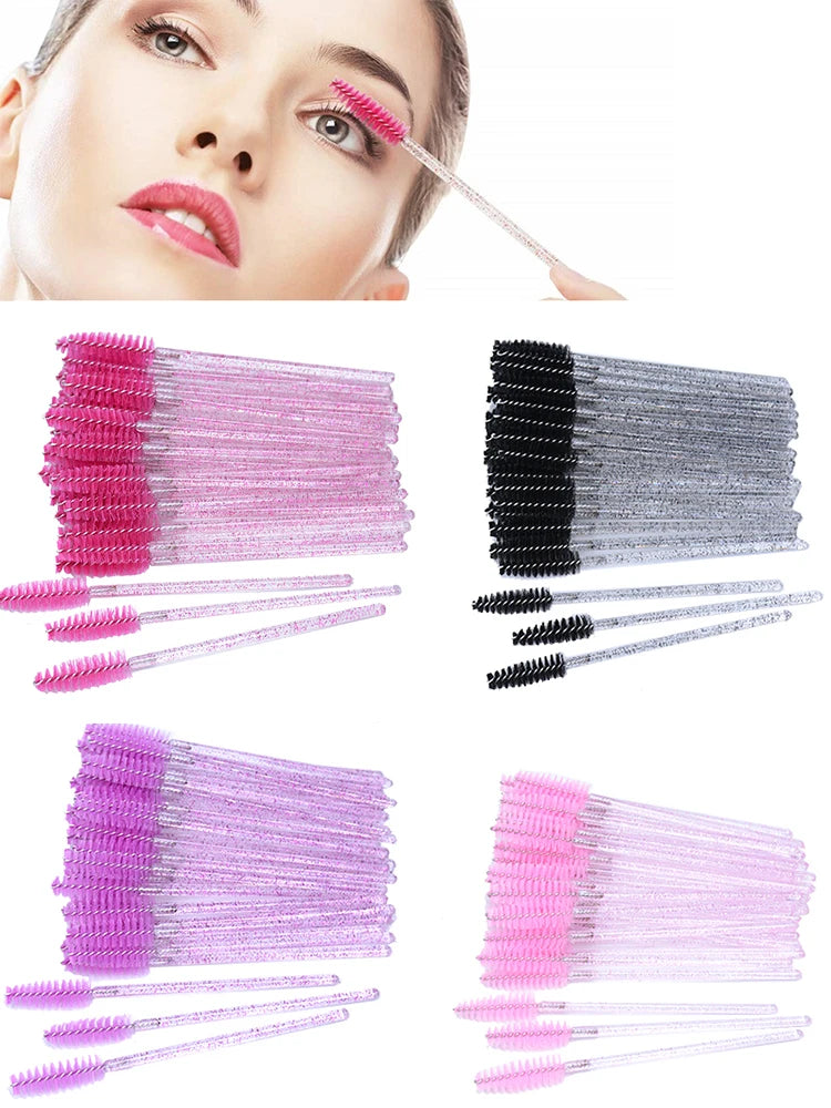 50pcs Sparkling Eyelash Mascara Wands Lash Extension Brush Shining Lash Spoolies Comb Eye Lashes Eyebrow Brushes