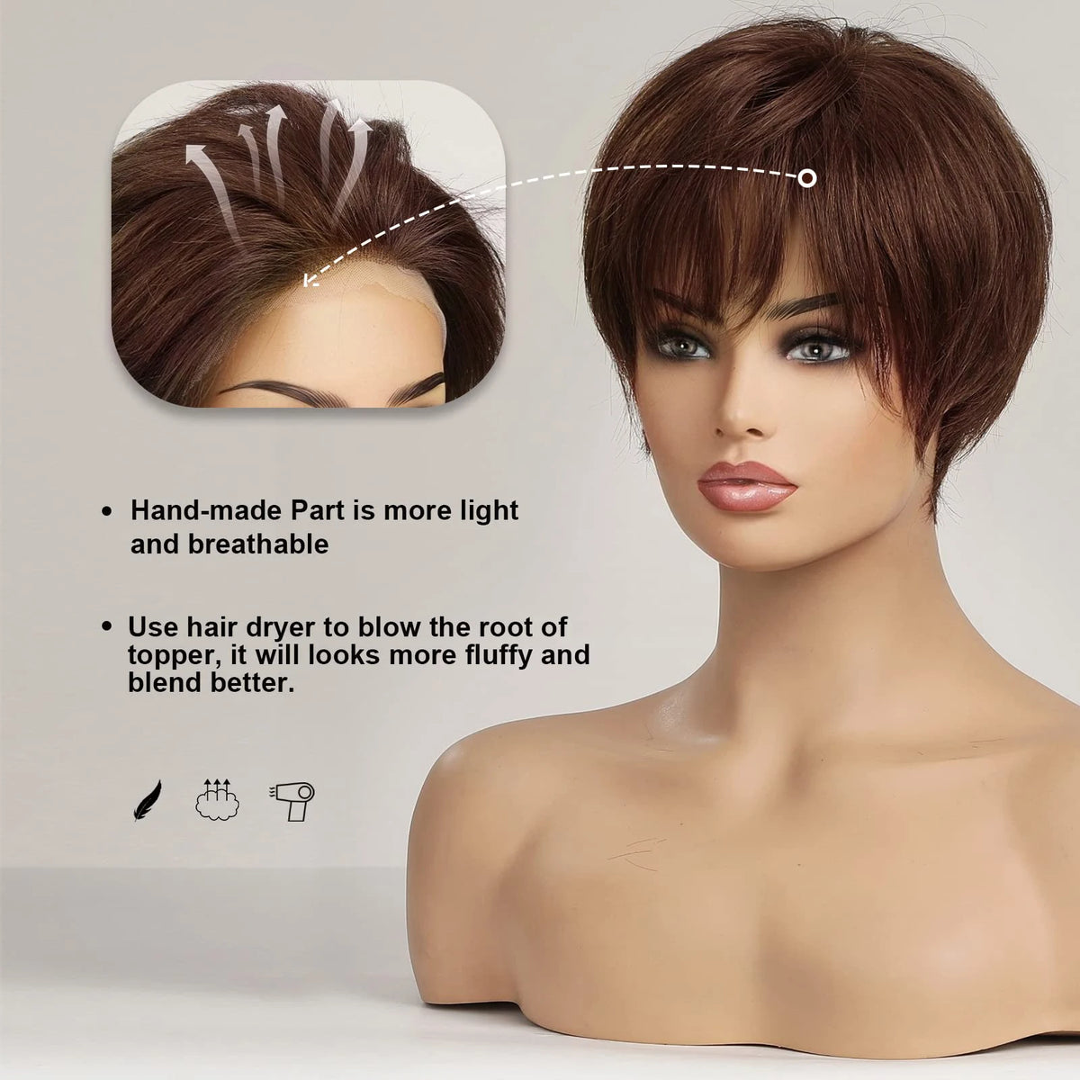 Short Brown Human Hair Wigs with Bangs HD Lace Frontal Wig Remy Human Hairs Brown Bob Pixie Cut Straight Glueless Wigs for Women