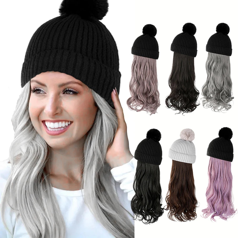 Winter Female Hat Wig With Curly Hair Extensions Synthetic Wave Wig Cap Dismountable Stylish Outdoors Beanie For Camping Hiking