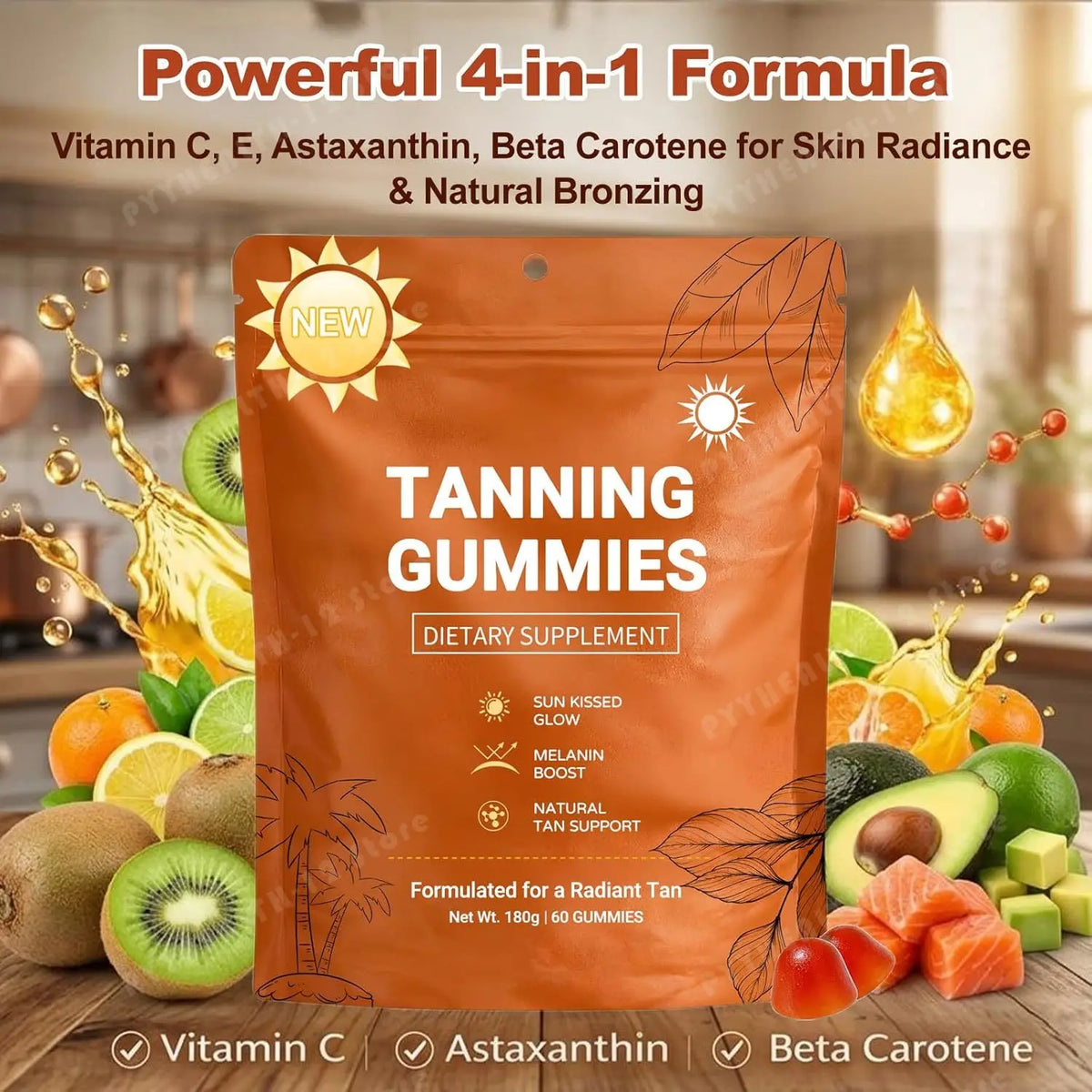 Tanning Gummies for Women, Sunless Bronzing Glow Support, Vegan Sugar-Free, Non-GMO, Astaxanthin & Lycopene, 60 Count