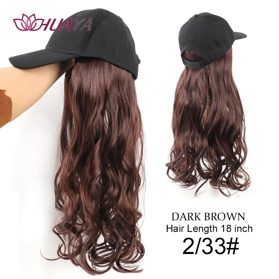 Long Wavy Curly Synthetic Wig Baseball Cap Hair Extensions Hat Wigs Black Brown Adjustable Hairpiece for Women