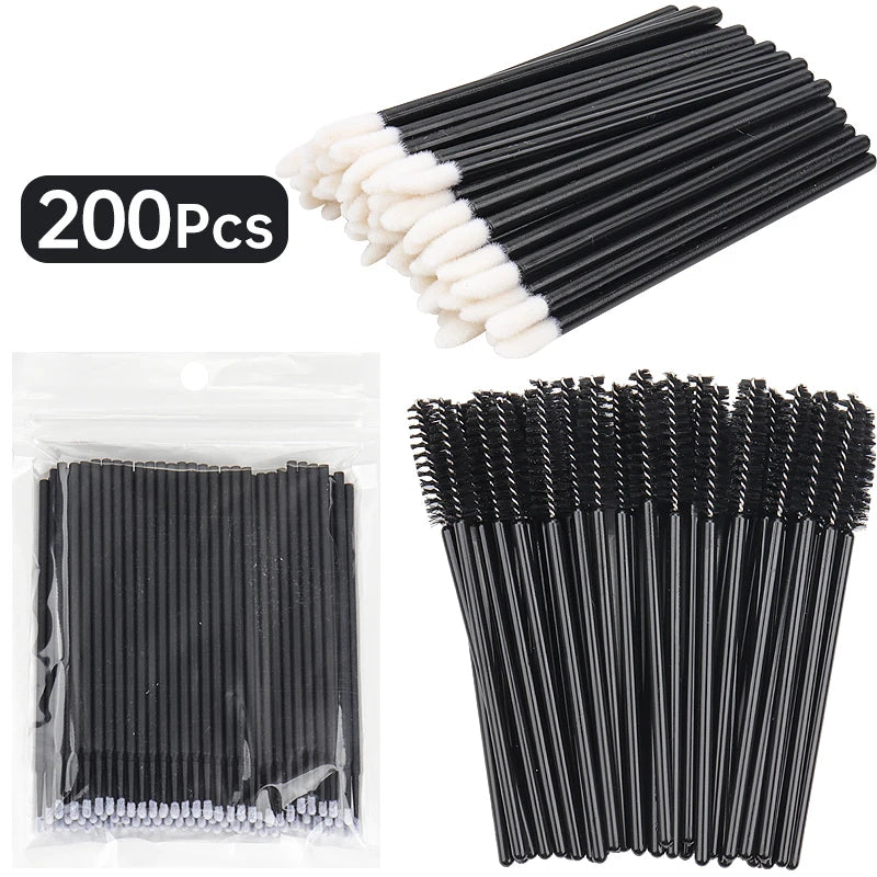 200pcs Eyelash Extension Supplies Set Disposable Lash Spoolies Brushes Eyelashes Micro Brush Mascara Wand Lipstick Applicator