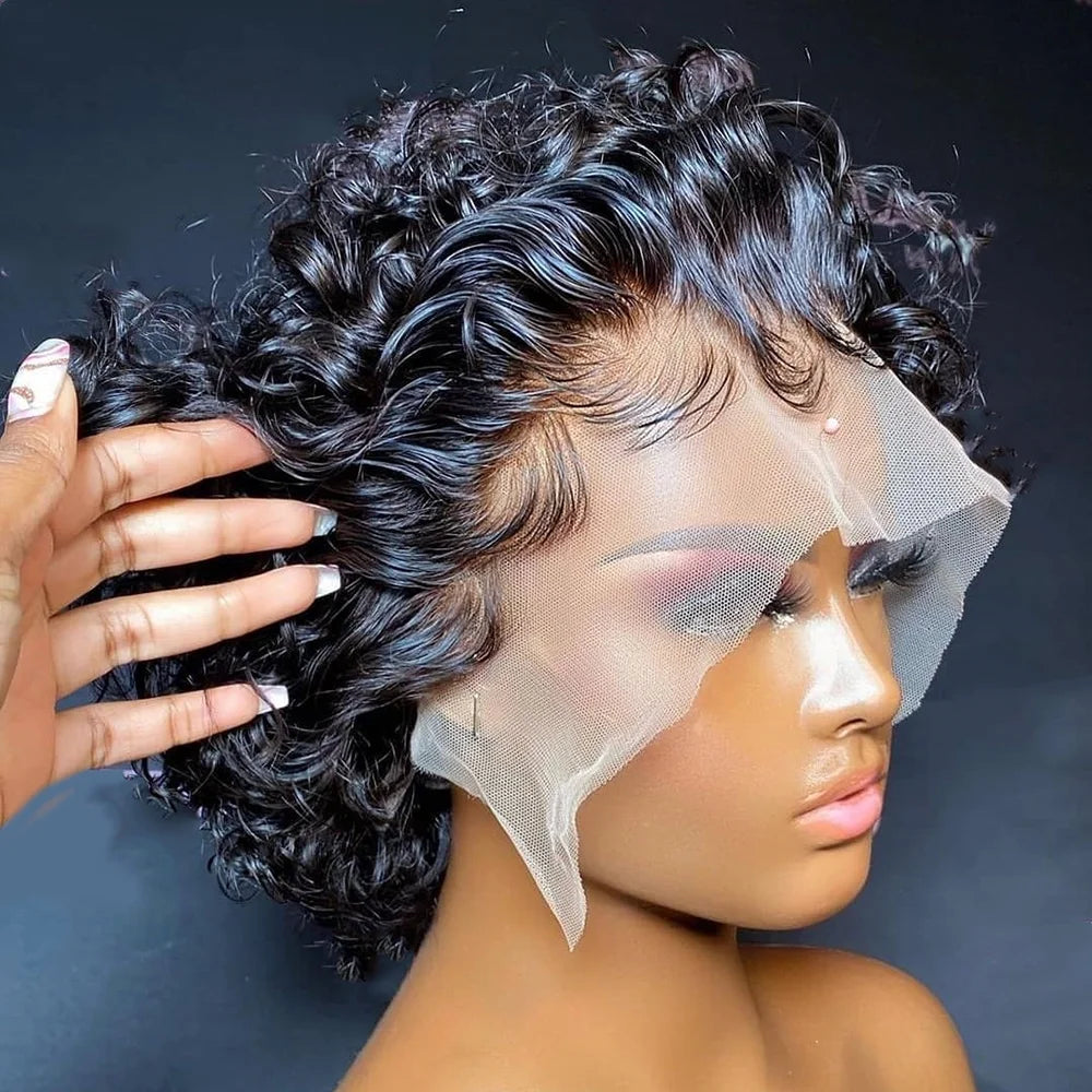 Pixie Cut Wig Transparent Lace Front Human Hair Wig Short Kinky Curly Bob Wigs Brazilian Water Wave Human Hair Wigs For Women