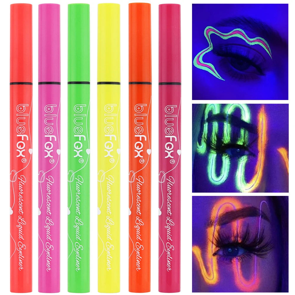 6Pcs Neon Fluorescent UV Glow Eyeliner, Waterproof Long Lasting Colorful Liquid Eye Liner, Rave Party Halloween Makeup Tools