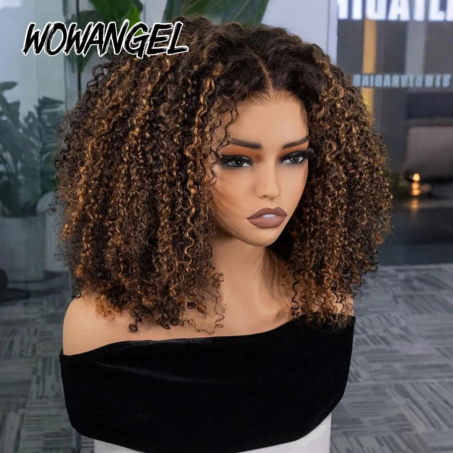 WOWANGEL 250% Kinky Curly Glueless Wigs 1B/27 Highlight Colored Wigs 5X5 HD Lace Closure Human Hair Wigs Pre Plucked For Women