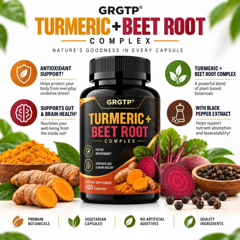 Turmeric + Beet Root Complex - Antioxidant, Blood Circulation,Natural Energy and Overall Vitality, Supports Gut and Brain Health
