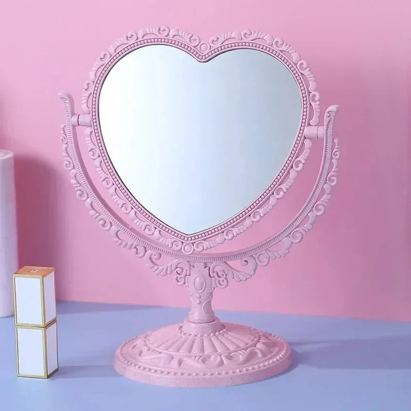 Pink Heart Shape European-Style Retro Make Up Mirror Lovely Girl Oval Princess Cosmetic Creative Retro Girls Student Dormitory