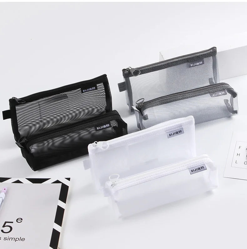 1PC Makeup Bags Case White Gray Black Large Capacity Mash Transparent Cosmetic Brush Bags Students Long Style Nylon Pencil Case
